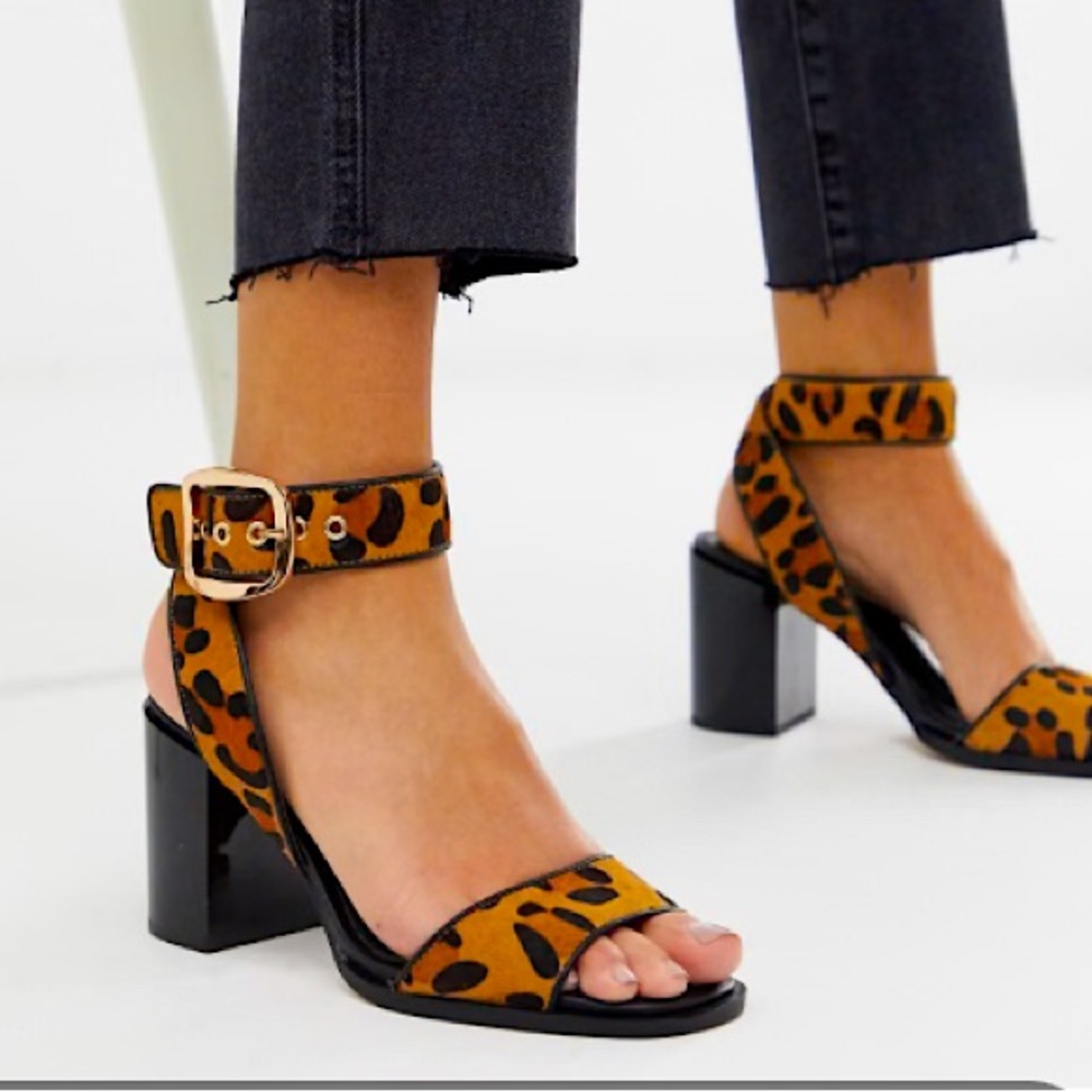 NEW River Island Bonnie Leopard Print Block Heeled Sandals with Ankle Strap US 8